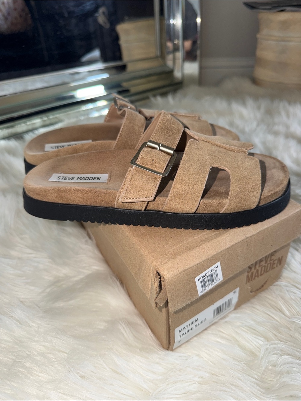 Steve Madden Mayhem Tan Suede Buckle Slide Sandals - Picture 7 of 13